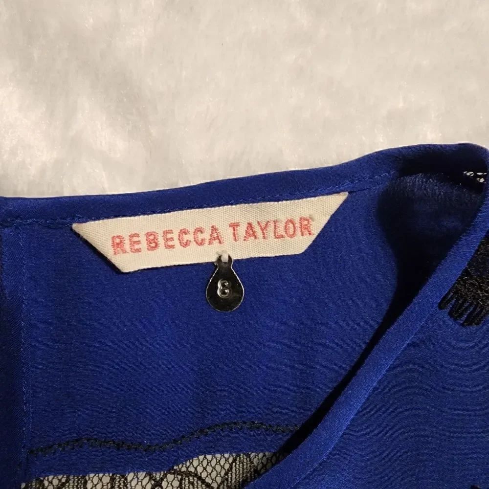 Rebecca Taylor Women Silk Royal Blue with Black Lace Trumpet Sleeve Dress Size 8 - Picture 3 of 12